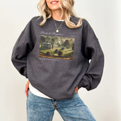 Cozy sweatshirt with Pemberley design, perfect for Jane Austen fans and book lovers.