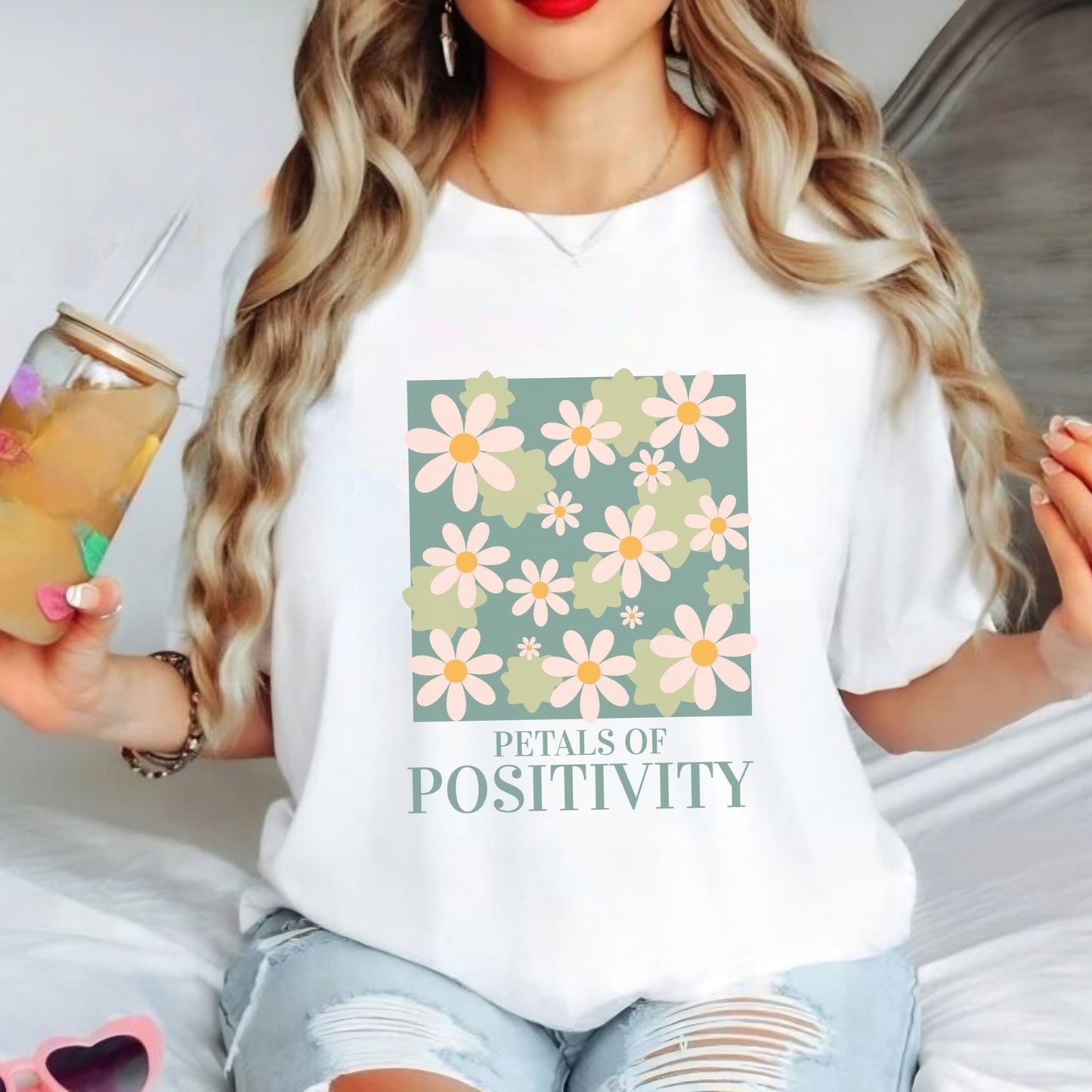 Petals of Positivity t-shirt with a floral design and positive message, available in 7 colors