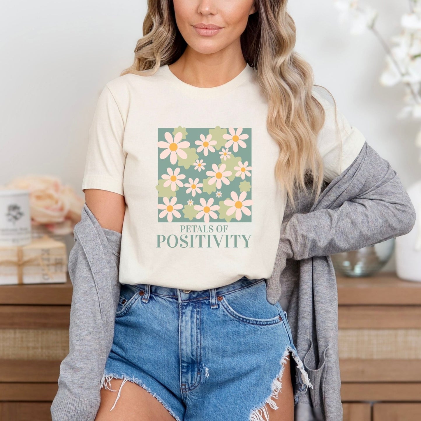 Petals of Positivity t-shirt with a floral design and positive message, available in 7 colors