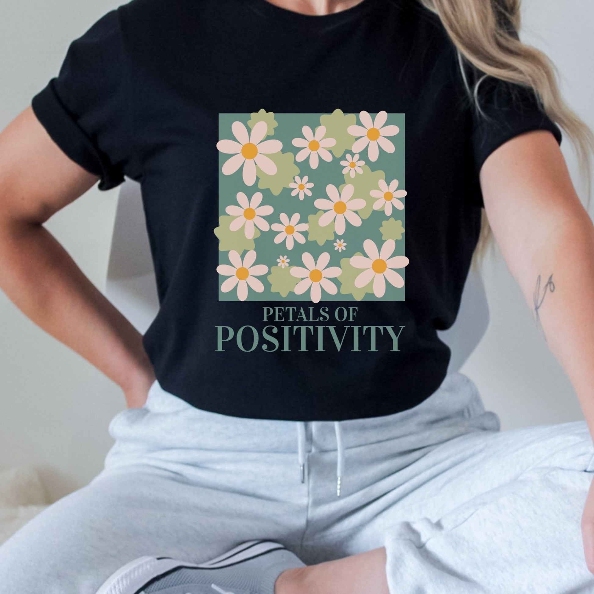 Petals of Positivity t-shirt with a floral design and positive message, available in 7 colors