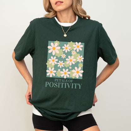 Petals of Positivity t-shirt with a floral design and positive message, available in 7 colors