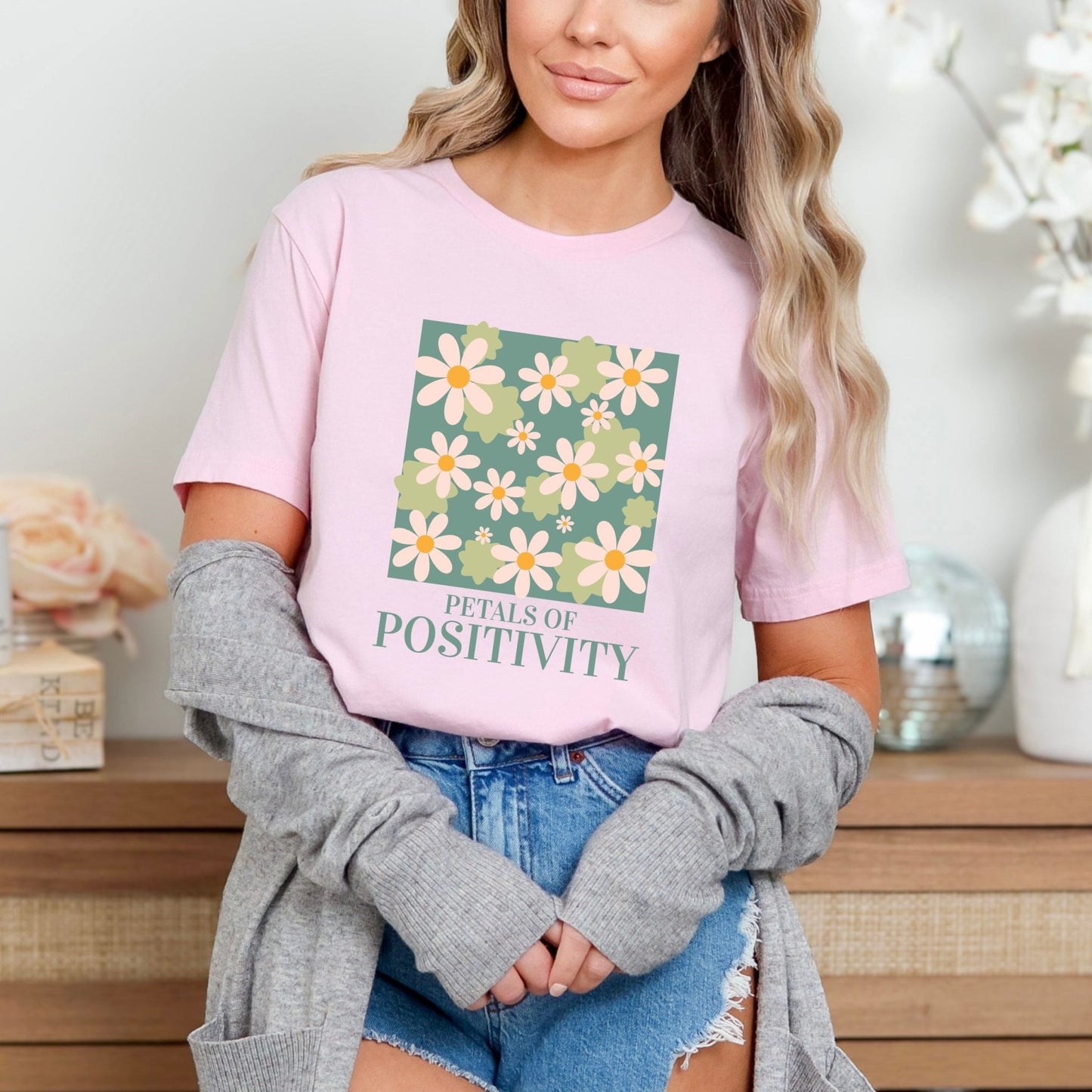 Petals of Positivity t-shirt with a floral design and positive message, available in 7 colors