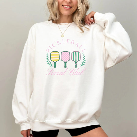 Pickleball Social Club sweatshirt with fun pickleball paddles design, available in 3 colors.