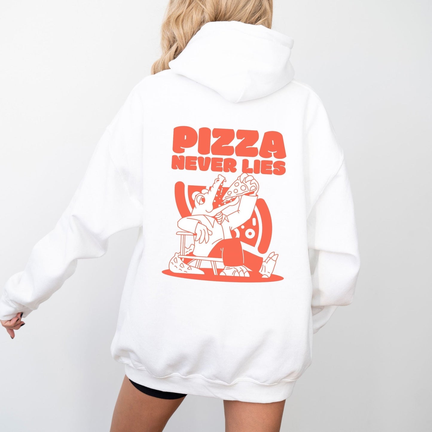 Pizza lover hoodie with a quirky alligator eating pizza design.