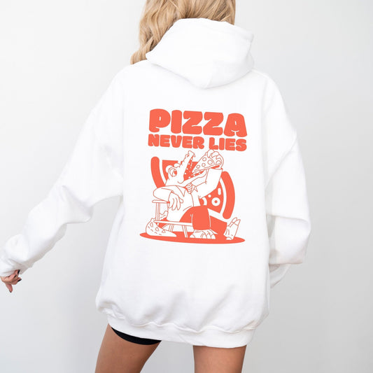 Pizza lover hoodie with a quirky alligator eating pizza design.