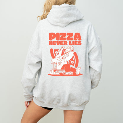 Pizza lover hoodie with a quirky alligator eating pizza design.