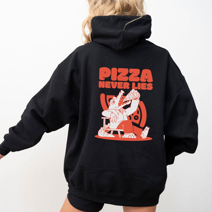 Pizza lover hoodie with a quirky alligator eating pizza design.