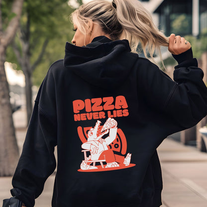 Pizza lover hoodie with a quirky alligator eating pizza design.