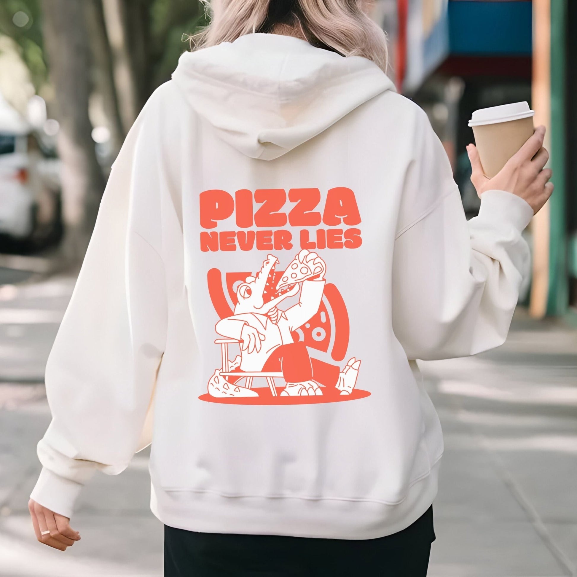 Pizza lover hoodie with a quirky alligator eating pizza design.