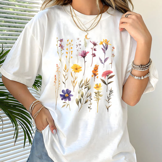T-shirt with watercolor-style pressed wildflowers in vintage earthy tones