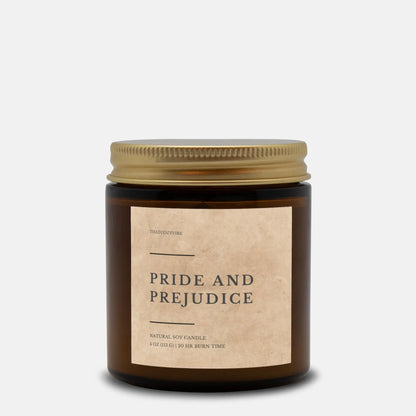 Pride and Prejudice amber jar candle, coconut soy wax, 4 oz and 9 oz sizes, 13 fragrances.