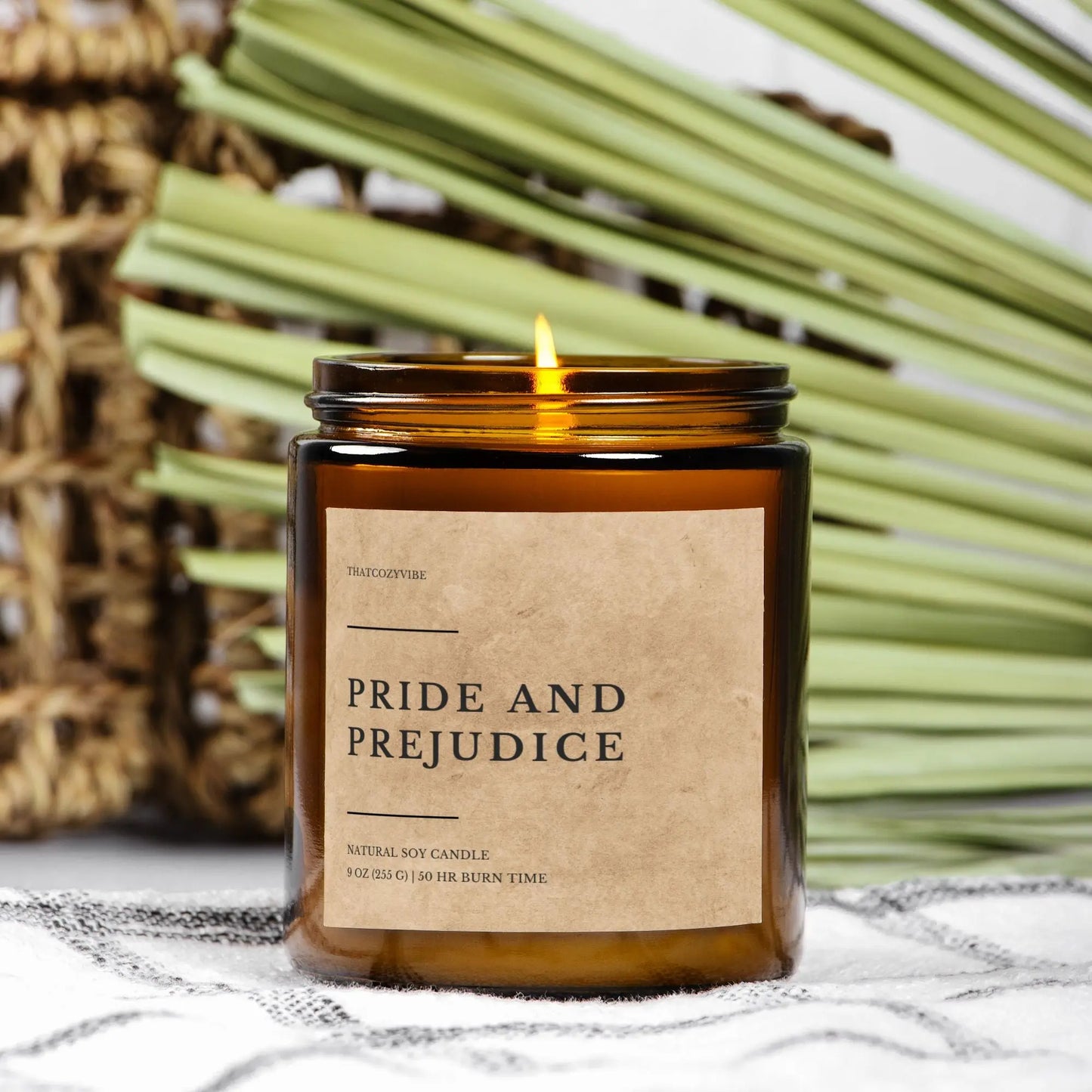 Pride and Prejudice amber jar candle, coconut soy wax, 4 oz and 9 oz sizes, 13 fragrances.