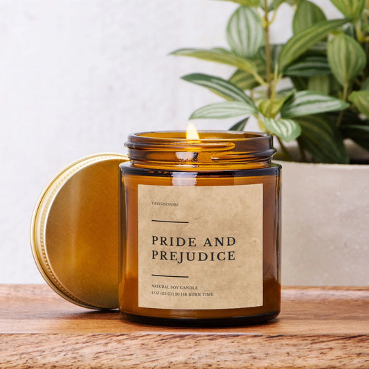 Pride and Prejudice amber jar candle, coconut soy wax, 4 oz and 9 oz sizes, 13 fragrances.