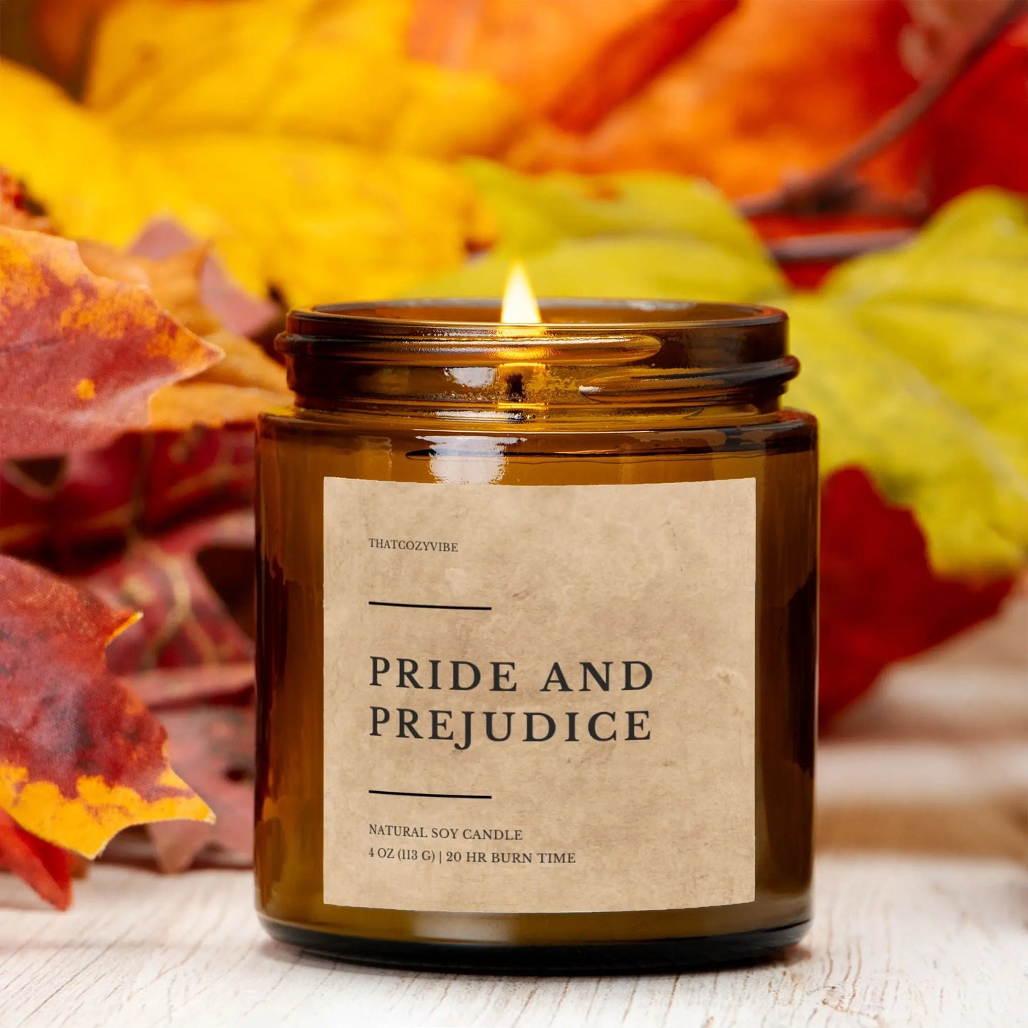 Pride and Prejudice amber jar candle, coconut soy wax, 4 oz and 9 oz sizes, 13 fragrances.