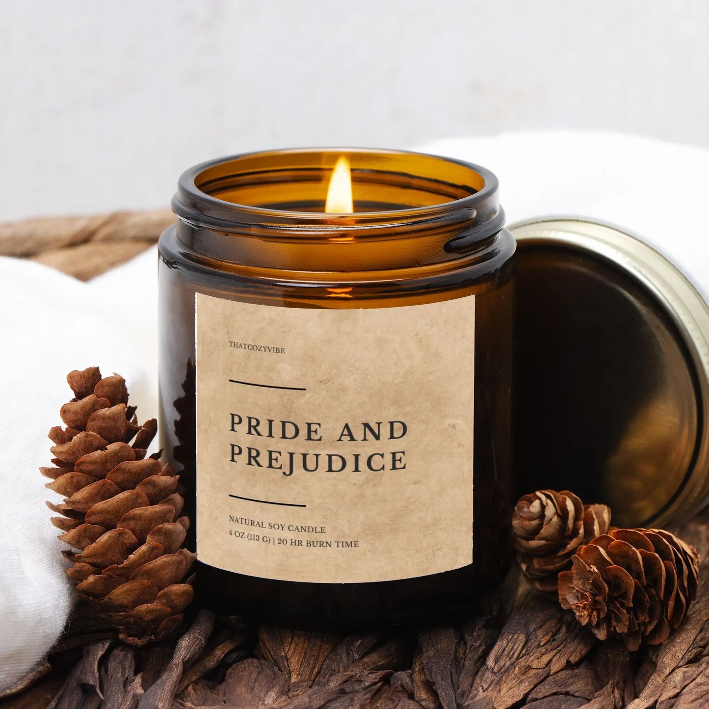 Pride and Prejudice amber jar candle, coconut soy wax, 4 oz and 9 oz sizes, 13 fragrances.