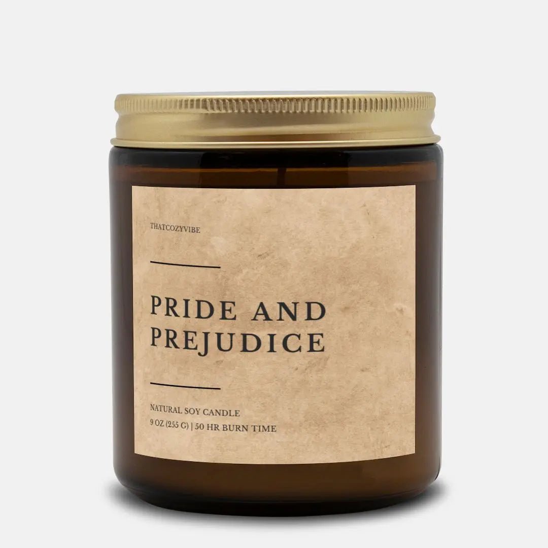 Pride and Prejudice amber jar candle, coconut soy wax, 4 oz and 9 oz sizes, 13 fragrances.