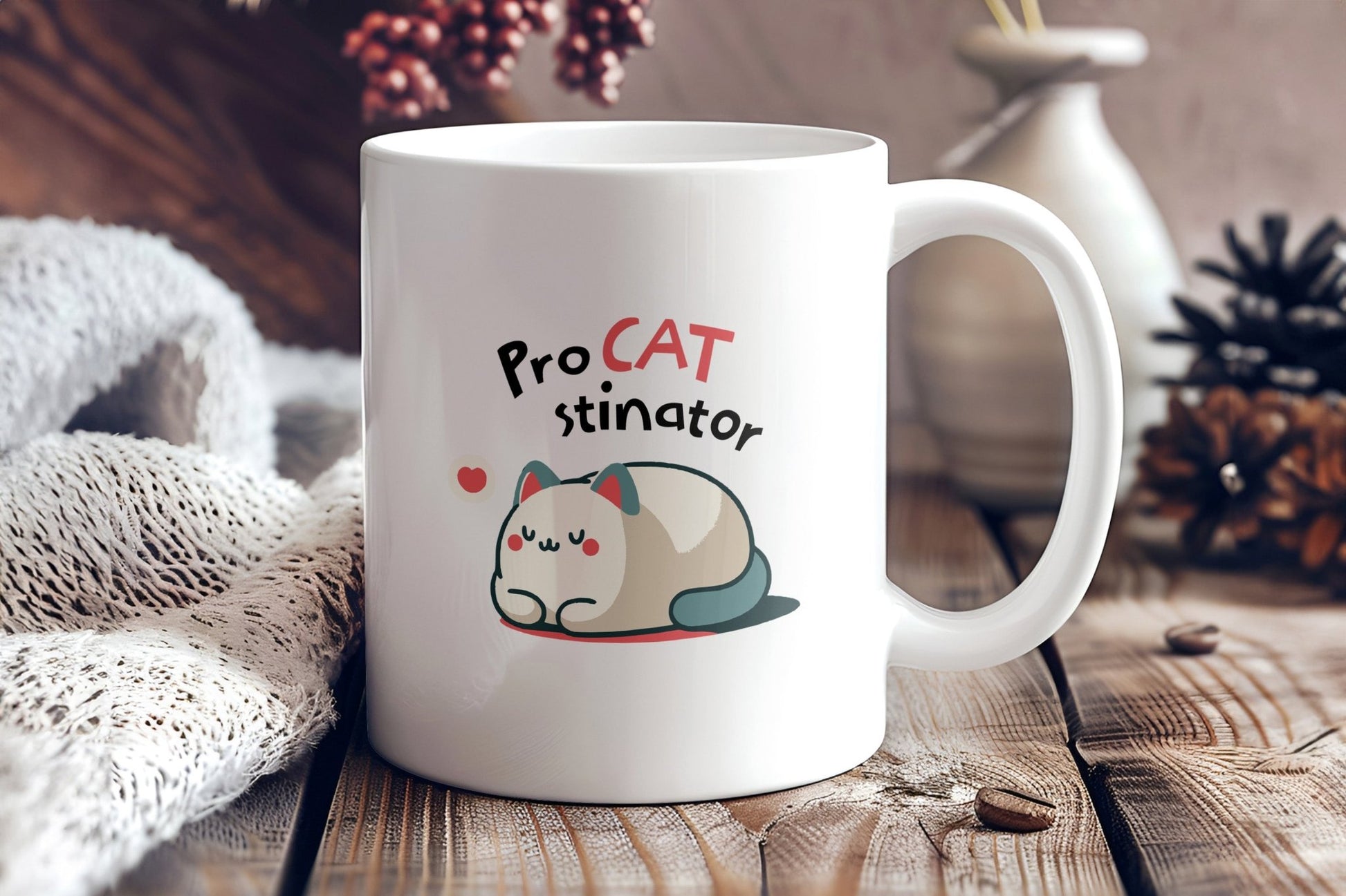 Cozy ceramic mug with cute cartoon cat design, ideal for cat lovers.