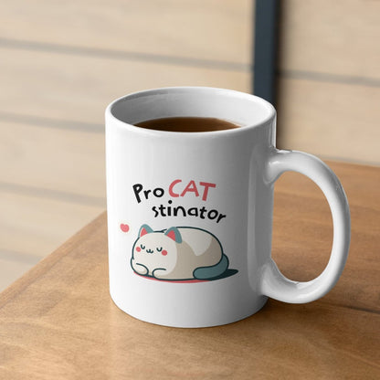 Cozy ceramic mug with cute cartoon cat design, ideal for cat lovers.