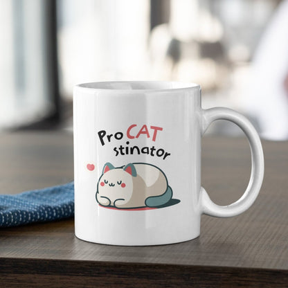 Cozy ceramic mug with cute cartoon cat design, ideal for cat lovers.