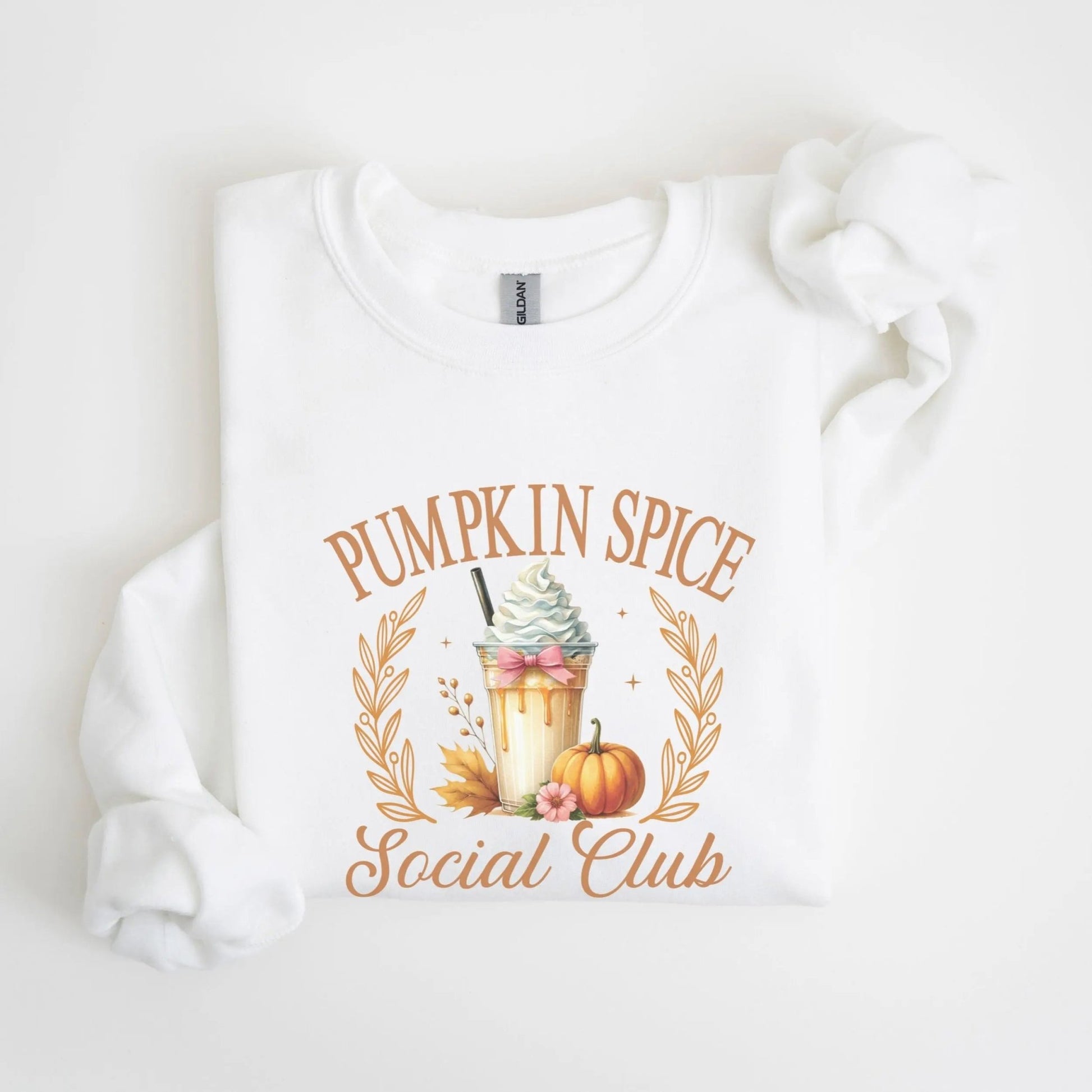 "Pumpkin Spice Social Club" sweatshirt, 50% cotton, 50% polyester, 4 colors, perfect for fall.