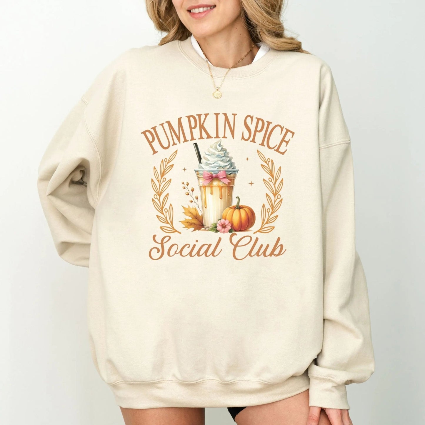 "Pumpkin Spice Social Club" sweatshirt, 50% cotton, 50% polyester, 4 colors, perfect for fall.