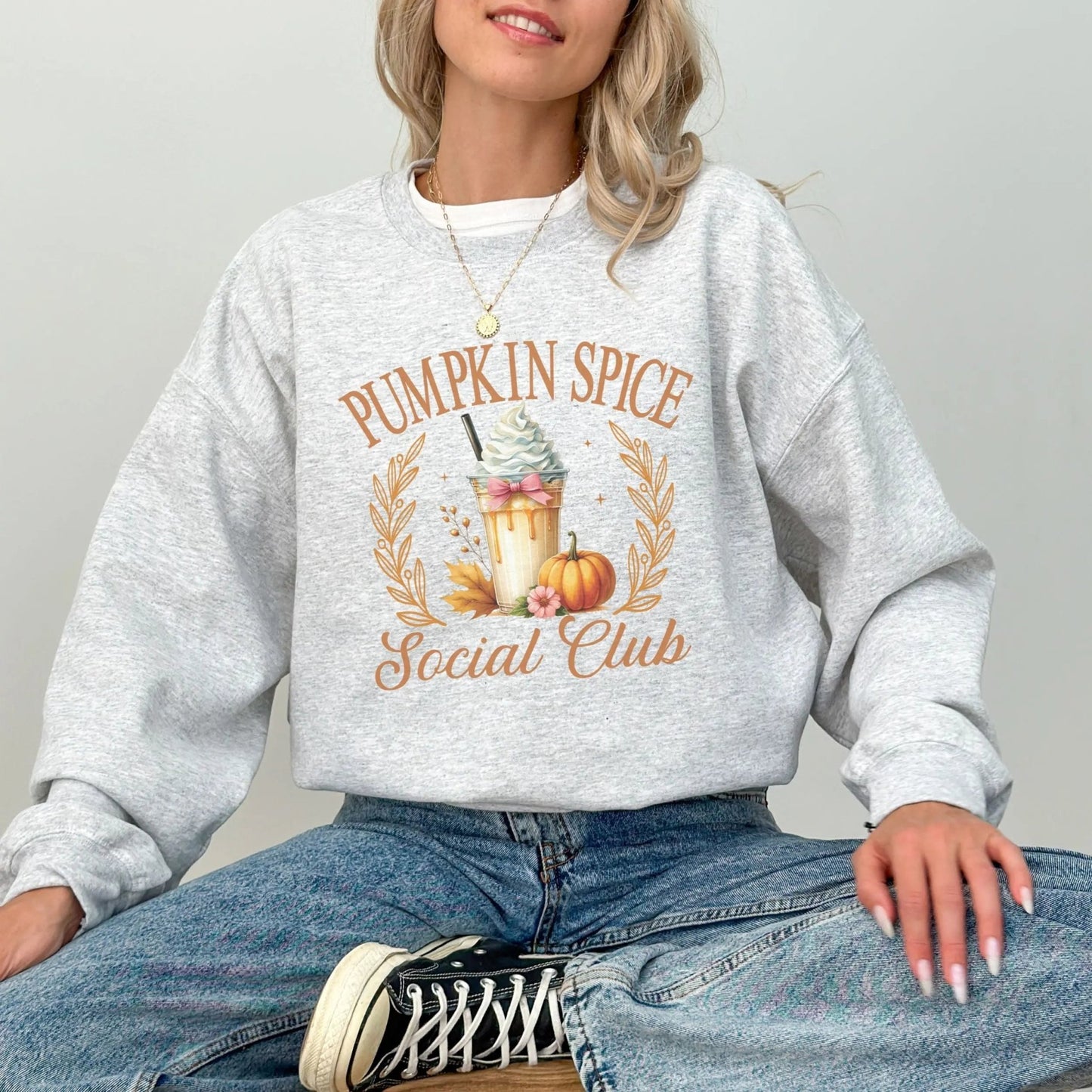 "Pumpkin Spice Social Club" sweatshirt, 50% cotton, 50% polyester, 4 colors, perfect for fall.