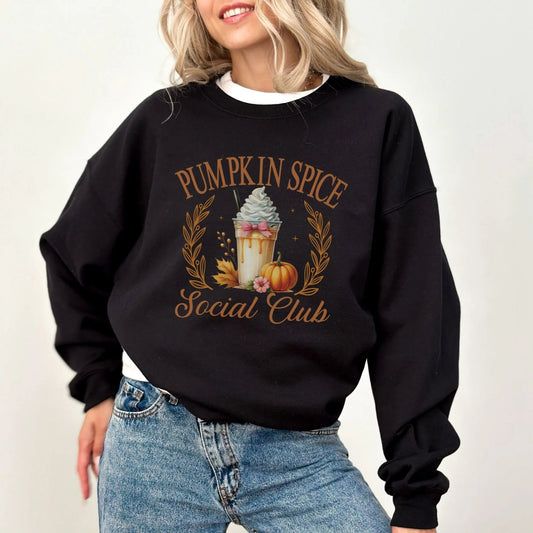 "Pumpkin Spice Social Club" sweatshirt, 50% cotton, 50% polyester, 4 colors, perfect for fall.