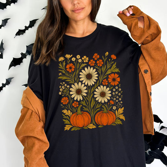 Fall t-shirt with vintage pumpkins and wildflower floral design – cottagecore autumn style