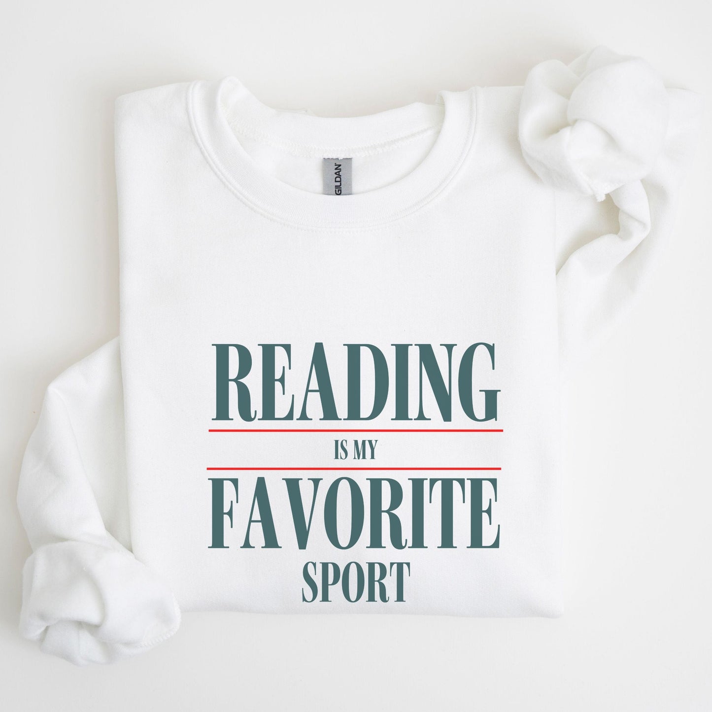 “Reading is My Favorite Sport” sweatshirt with bold varsity-style typography — cozy reader crewneck for book lovers and literary fans.