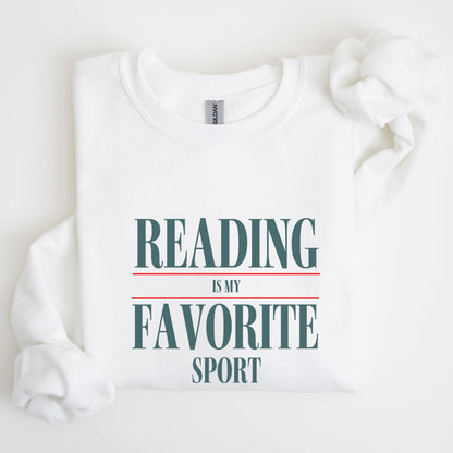 “Reading is My Favorite Sport” sweatshirt with bold varsity-style typography — cozy reader crewneck for book lovers and literary fans.