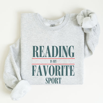 “Reading is My Favorite Sport” sweatshirt with bold varsity-style typography — cozy reader crewneck for book lovers and literary fans.