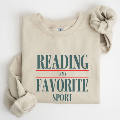 “Reading is My Favorite Sport” sweatshirt with bold varsity-style typography — cozy reader crewneck for book lovers and literary fans.