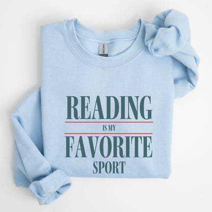 “Reading is My Favorite Sport” sweatshirt with bold varsity-style typography — cozy reader crewneck for book lovers and literary fans.