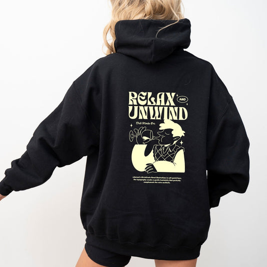 Retro Relax and Unwind hoodie with pastel graphic design, perfect cozy chill-day apparel.