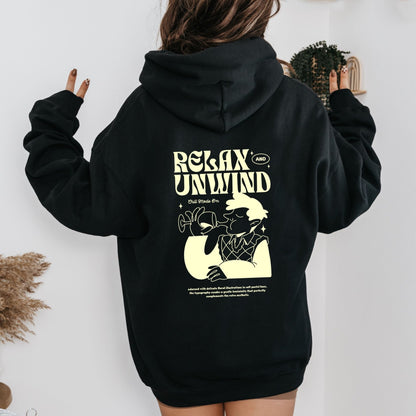 Retro Relax and Unwind hoodie with pastel graphic design, perfect cozy chill-day apparel.