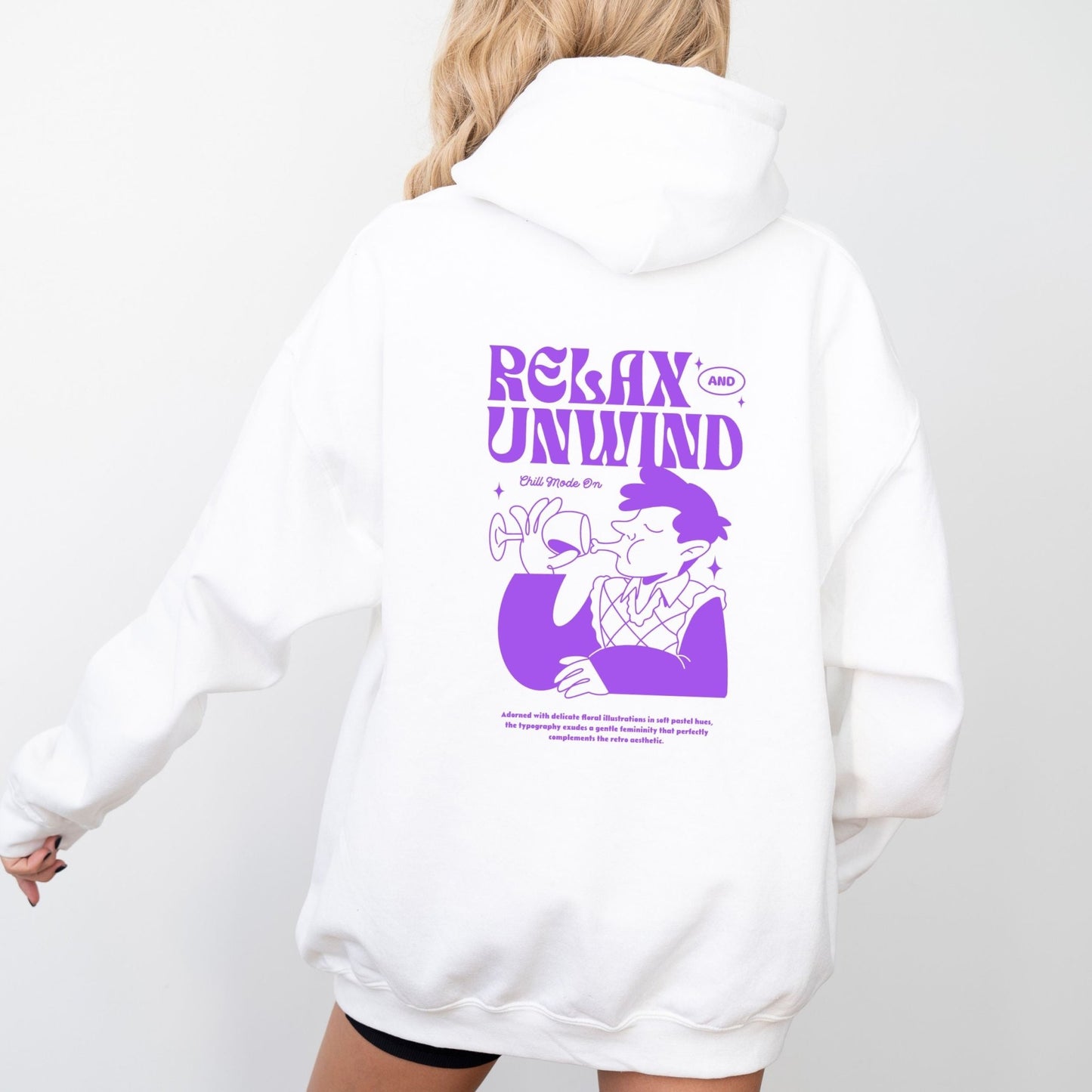 Retro Relax and Unwind hoodie with pastel graphic design, perfect cozy chill-day apparel.