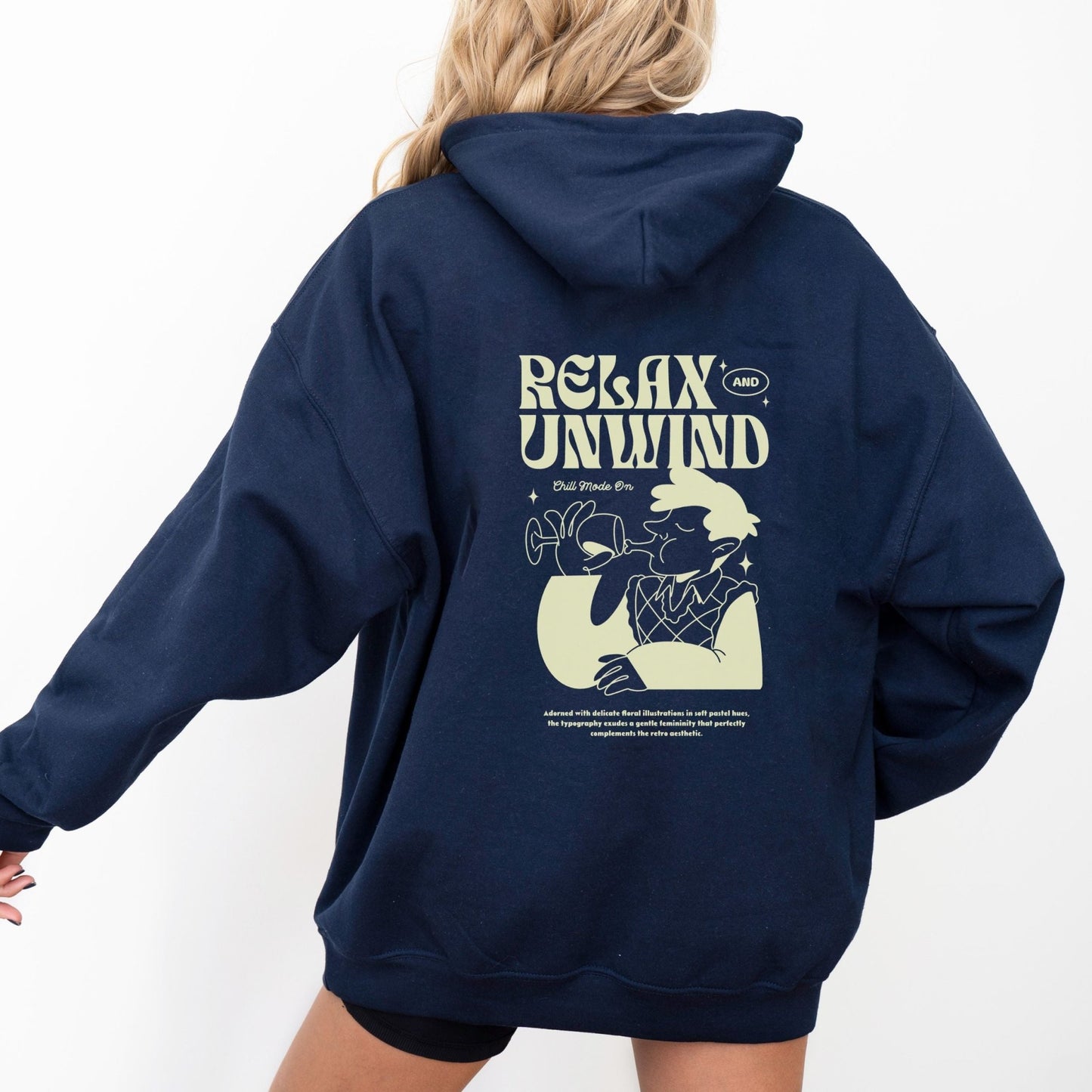 Retro Relax and Unwind hoodie with pastel graphic design, perfect cozy chill-day apparel.