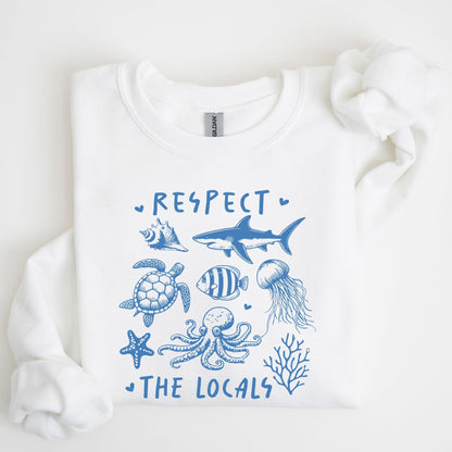 Respect the Locals sweatshirt with sea creatures in blue line art for ocean lovers