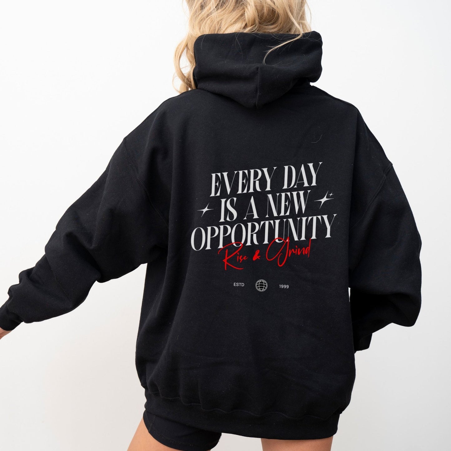 Rise & Grind motivational hoodie with minimalist typography design for daily inspiration.