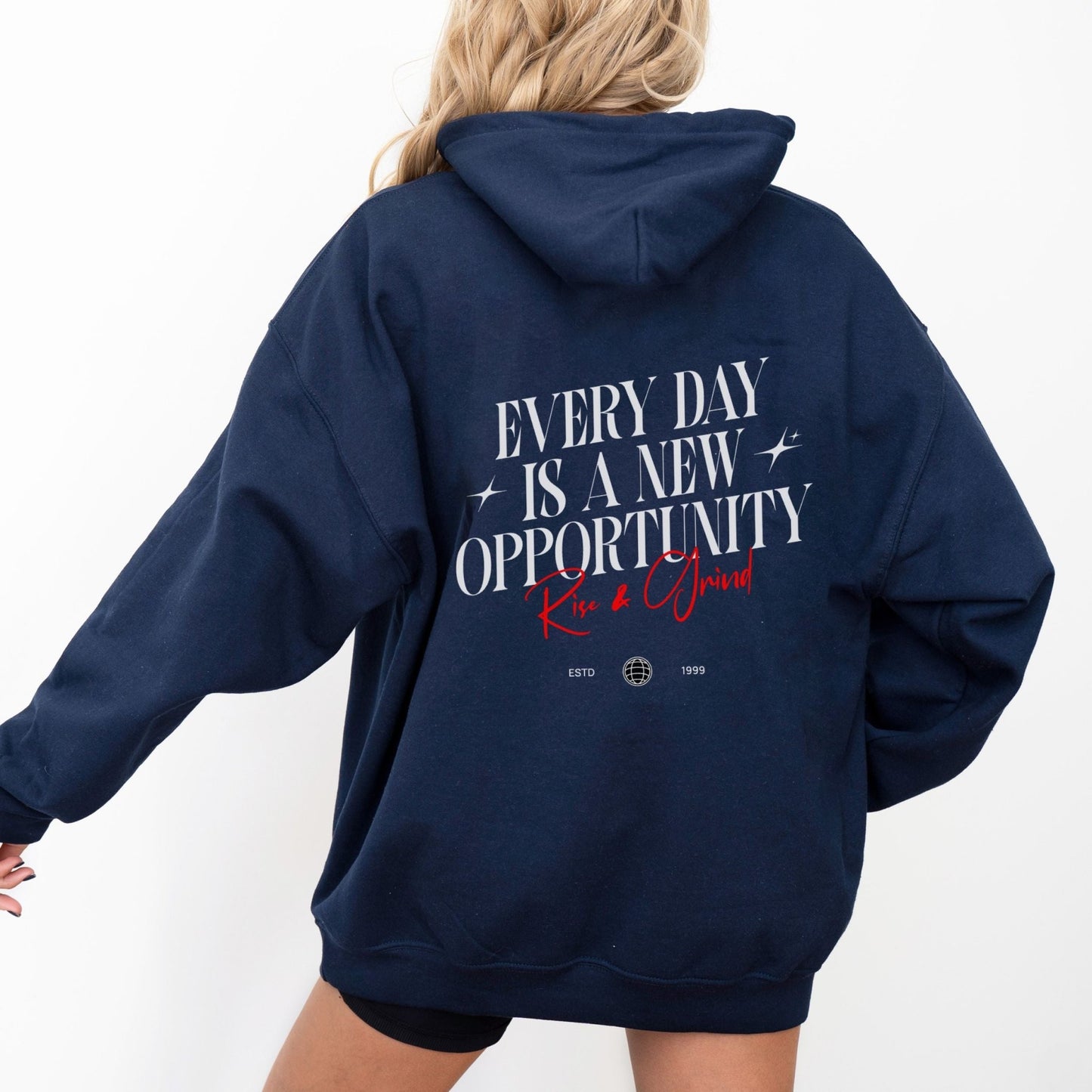 Rise & Grind motivational hoodie with minimalist typography design for daily inspiration.