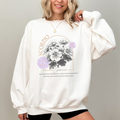 Scorpio sweatshirt with geranium zodiac design.