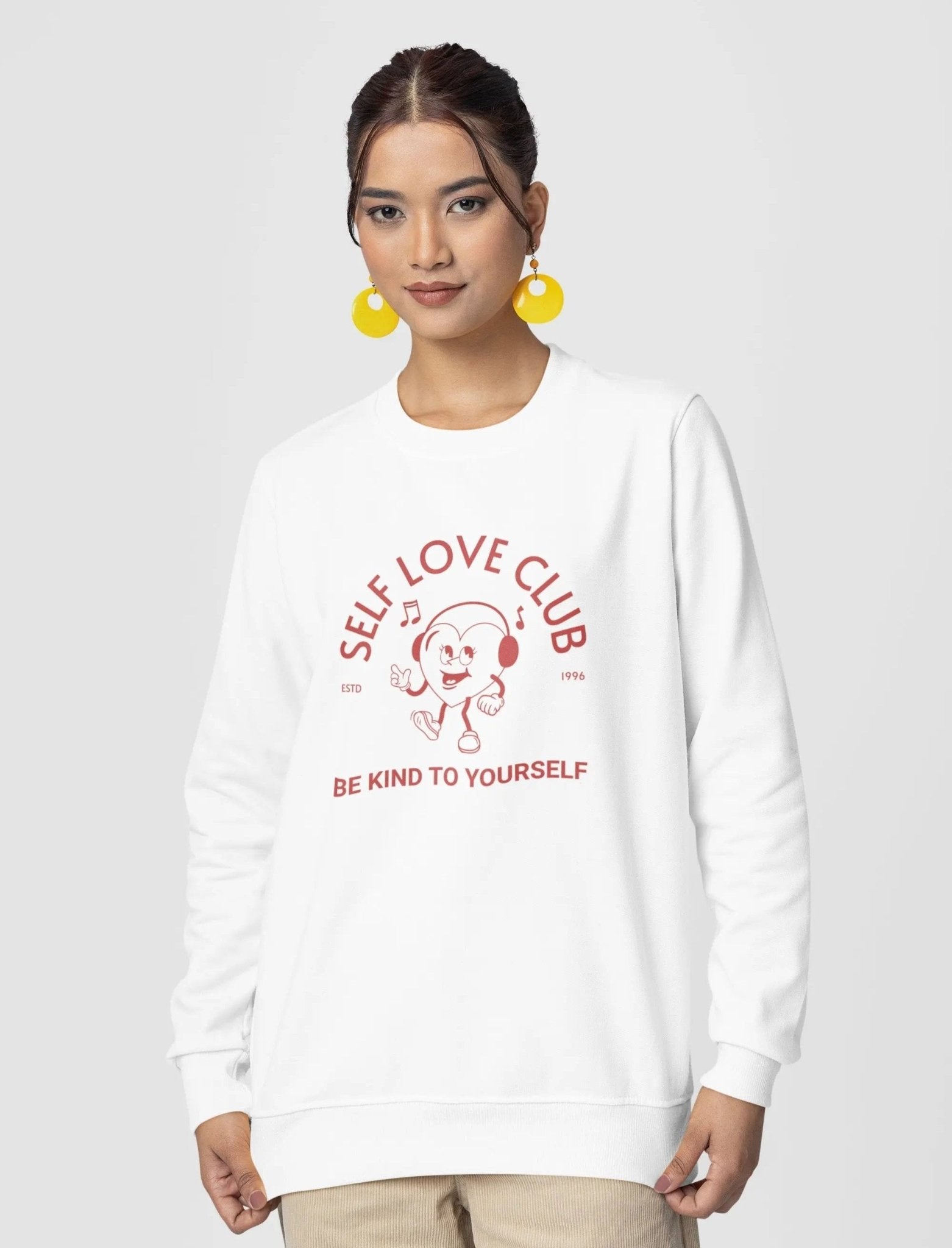 Self Love Club SweatshirSelf Love Club sweatshirt, vintage-inspired design, Y2K streetwear, cheerful heart character. Printify