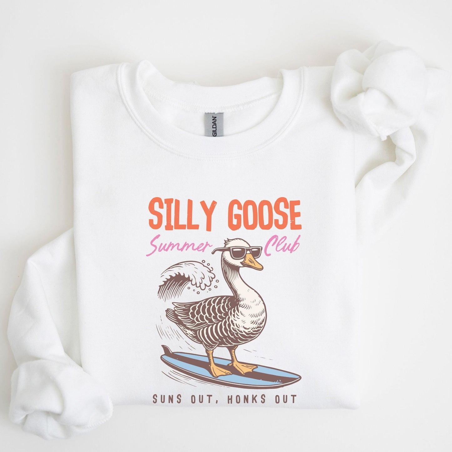 Silly Goose summer sweatshirt with surfing goose graphic and retro beach theme