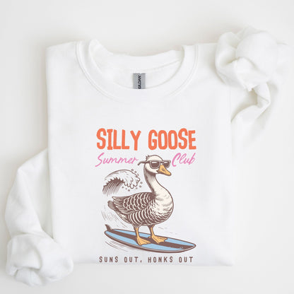 Silly Goose summer sweatshirt with surfing goose graphic and retro beach theme