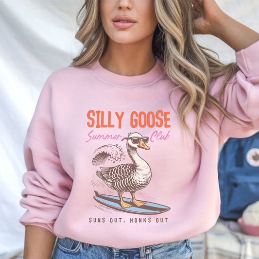 Silly Goose summer sweatshirt with surfing goose graphic and retro beach theme