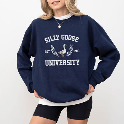 "Silly Goose University" funny graphic sweatshirt, 50% cotton, 50% polyester, available in 9 colors.