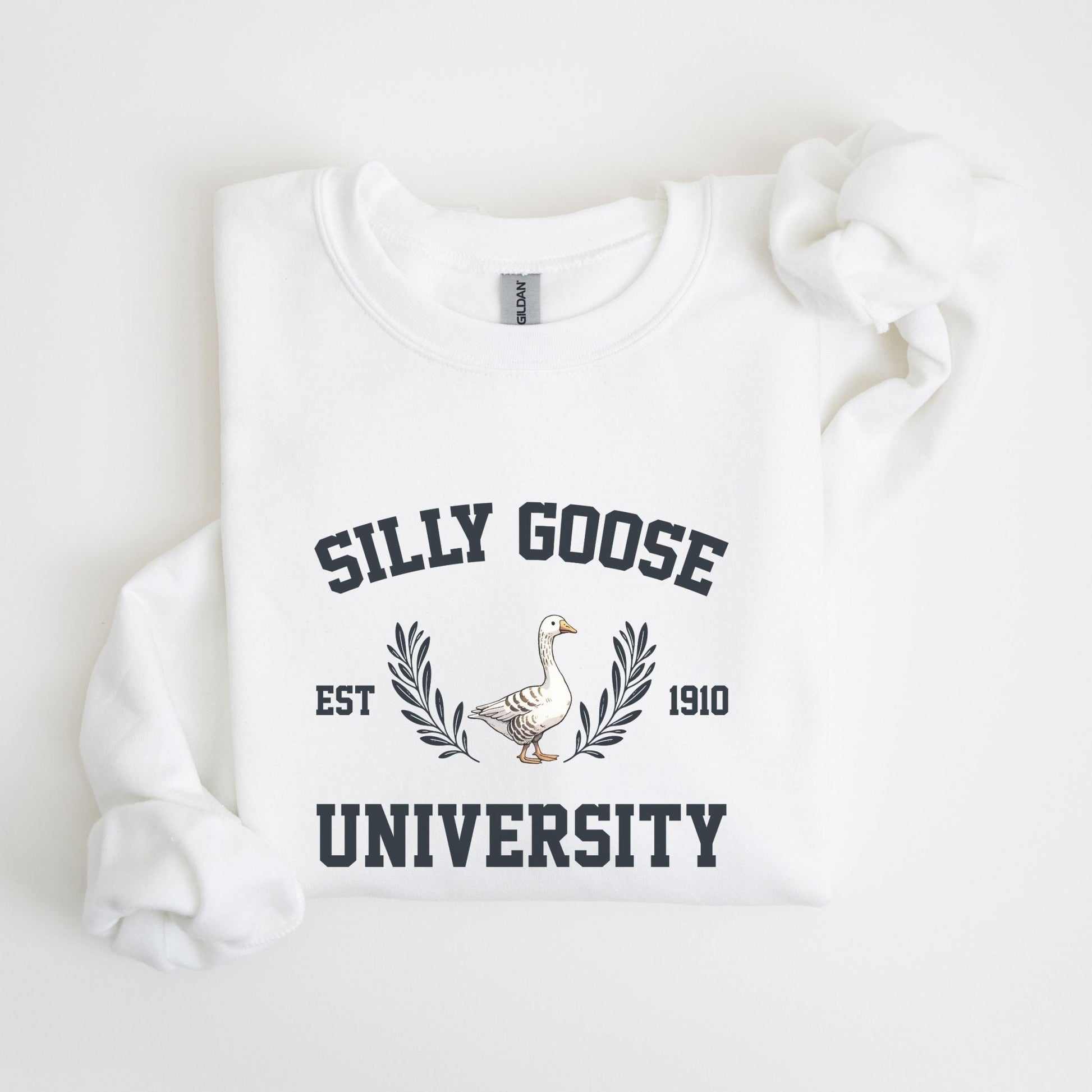 "Silly Goose University" funny graphic sweatshirt, 50% cotton, 50% polyester, available in 9 colors.