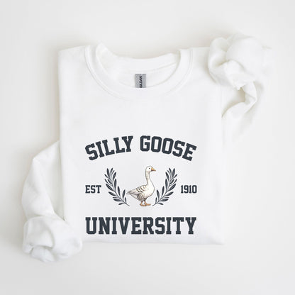 "Silly Goose University" funny graphic sweatshirt, 50% cotton, 50% polyester, available in 9 colors.