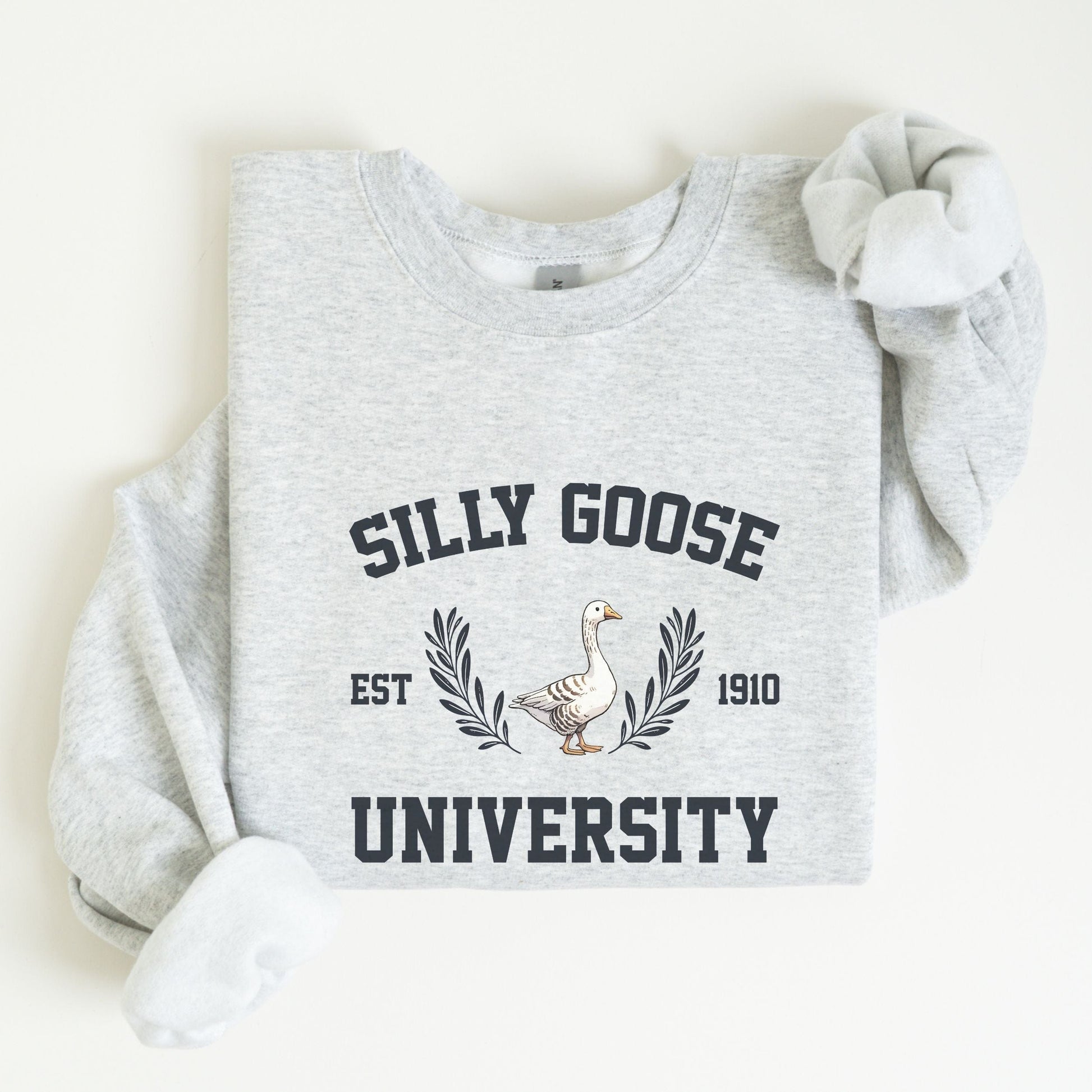 “Silly Goose University” sweatshirt with vintage collegiate lettering and a goose crest — perfect for cozy, funny fall style.
