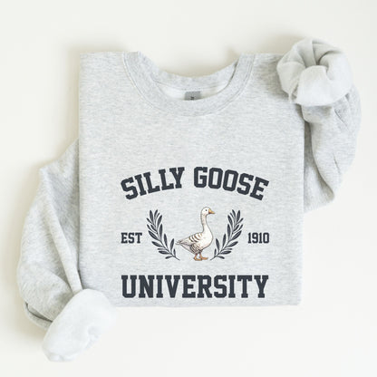 “Silly Goose University” sweatshirt with vintage collegiate lettering and a goose crest — perfect for cozy, funny fall style.
